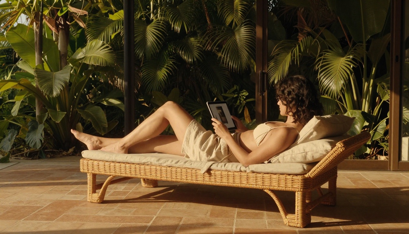 Woman in cream bikini top reclining on rattan daybed editing photos on tablet in golden hour tropical light through glass doors