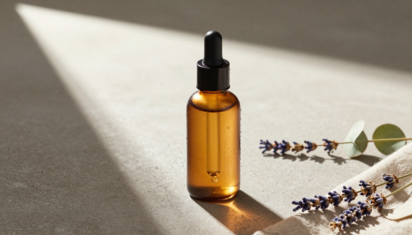 Amber glass dropper bottle product mockup with morning volumetric light on concrete surface