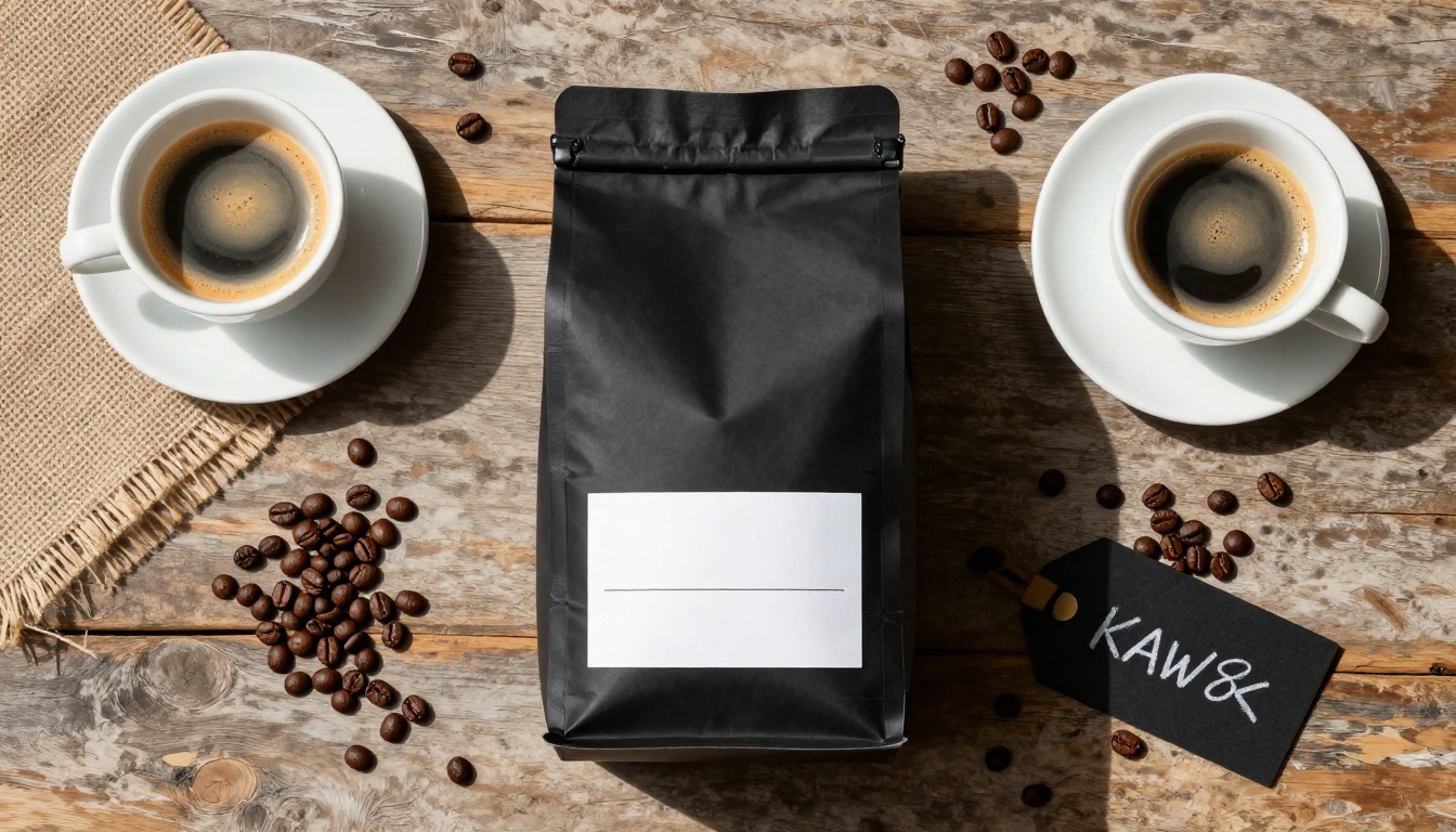 Flat lay coffee bag product mockup with beans and espresso cup on oak wood surface