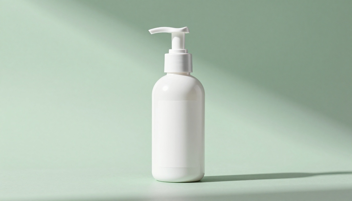 White cosmetic pump bottle e-commerce product mockup on pastel sage green background