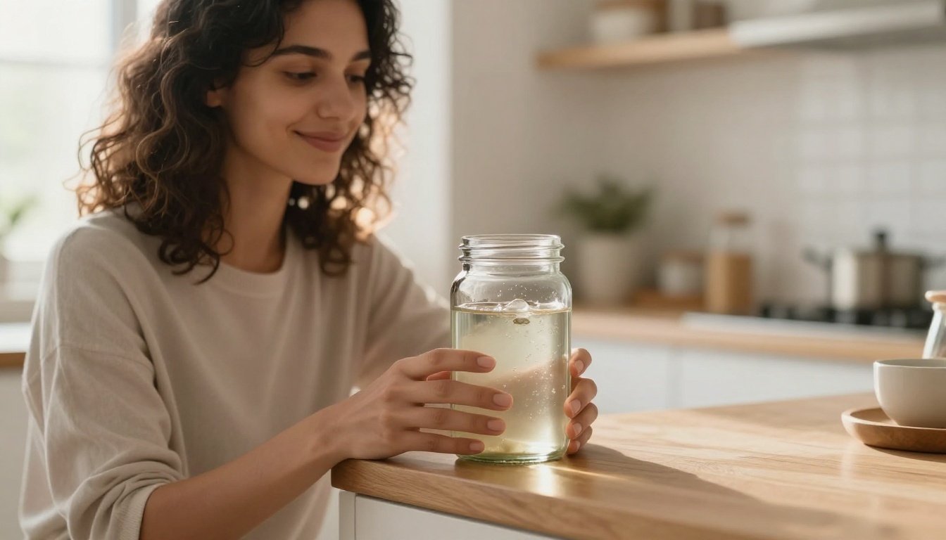 Lifestyle scene with woman holding wellness supplement jar in Scandinavian kitchen