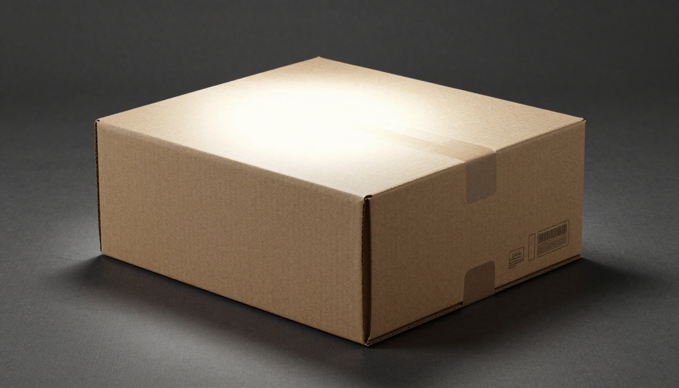 Product box packaging mockup with dramatic Rembrandt lighting on neutral linen surface