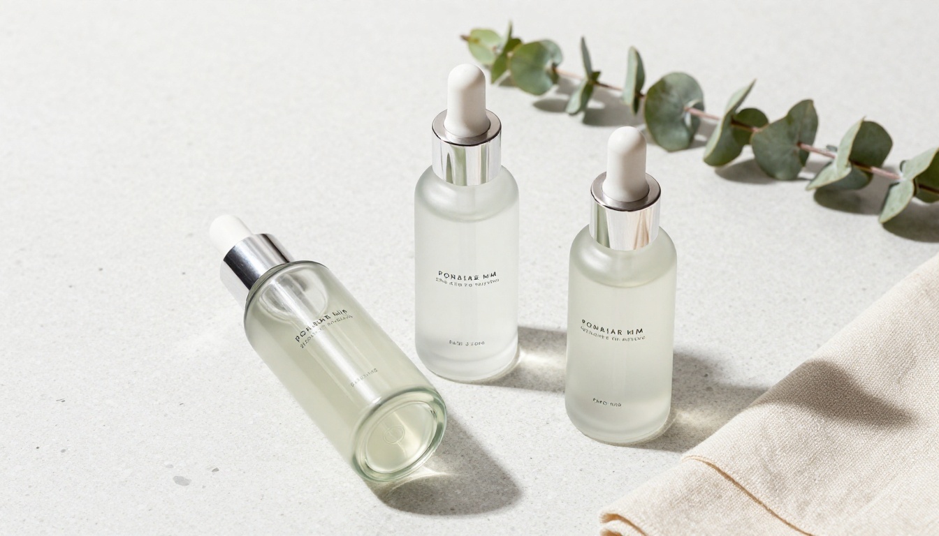 Skincare glass jar set on white terrazzo with eucalyptus branch and linen napkin