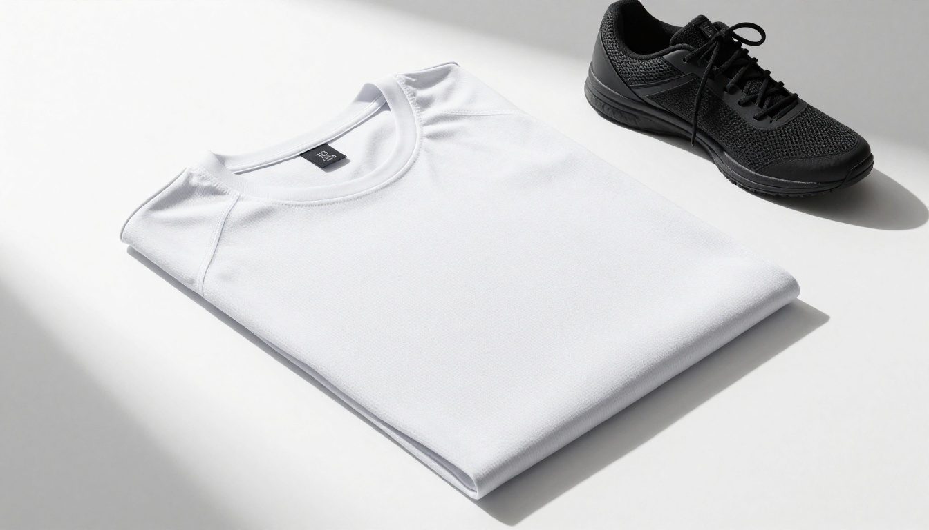 Athletic t-shirt flat lay mockup on white surface with sharp directional shadow from upper right