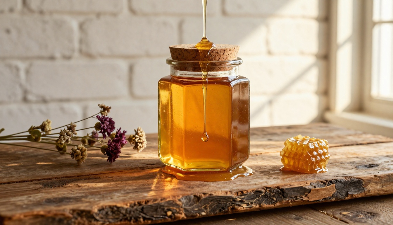 Artisan honey jar with cork lid on reclaimed wood board with honey drizzle and wildflowers