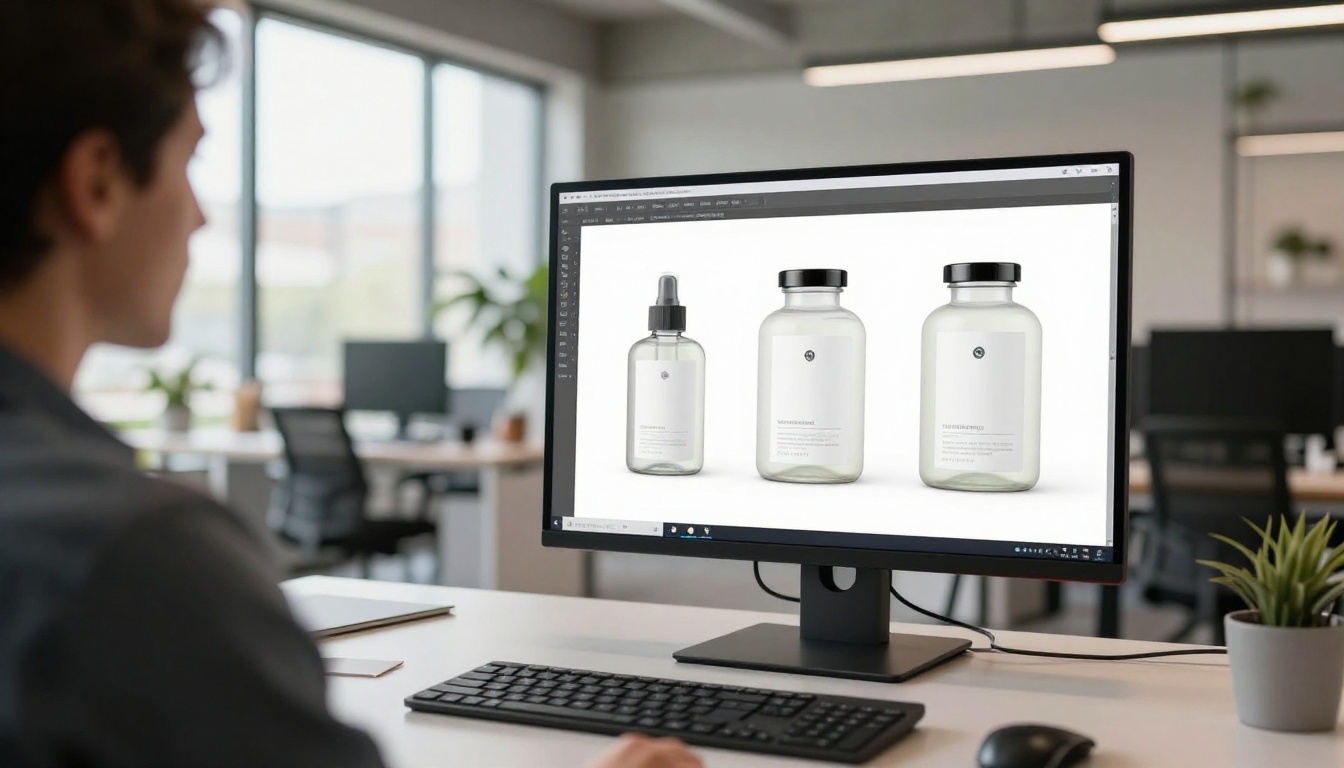Professional designer reviewing product mockup on monitor in modern studio office