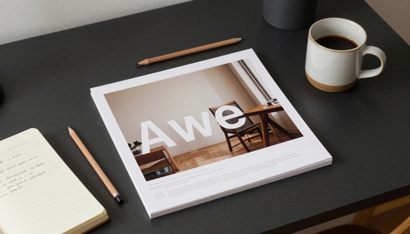 Aerial flat-lay of creative workspace with printed photograph showing bold typography
