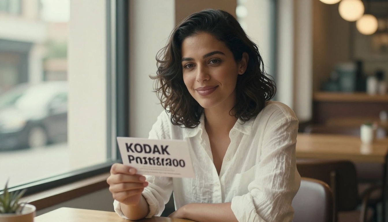 Woman at sunlit cafe holding printed card with clear bold text toward the camera