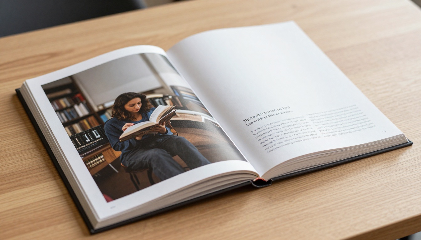 Photography portfolio spread showing precise serif typography on facing pages