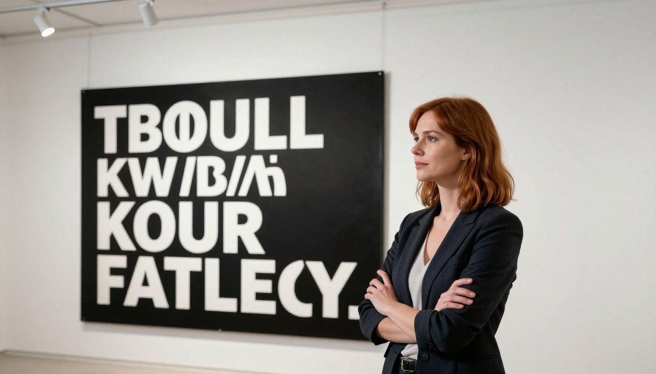 Woman standing before large gallery poster with bold white overlaid text