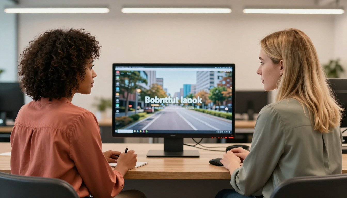 Two women at co-working bench looking at tablet showing AI-generated image with readable text
