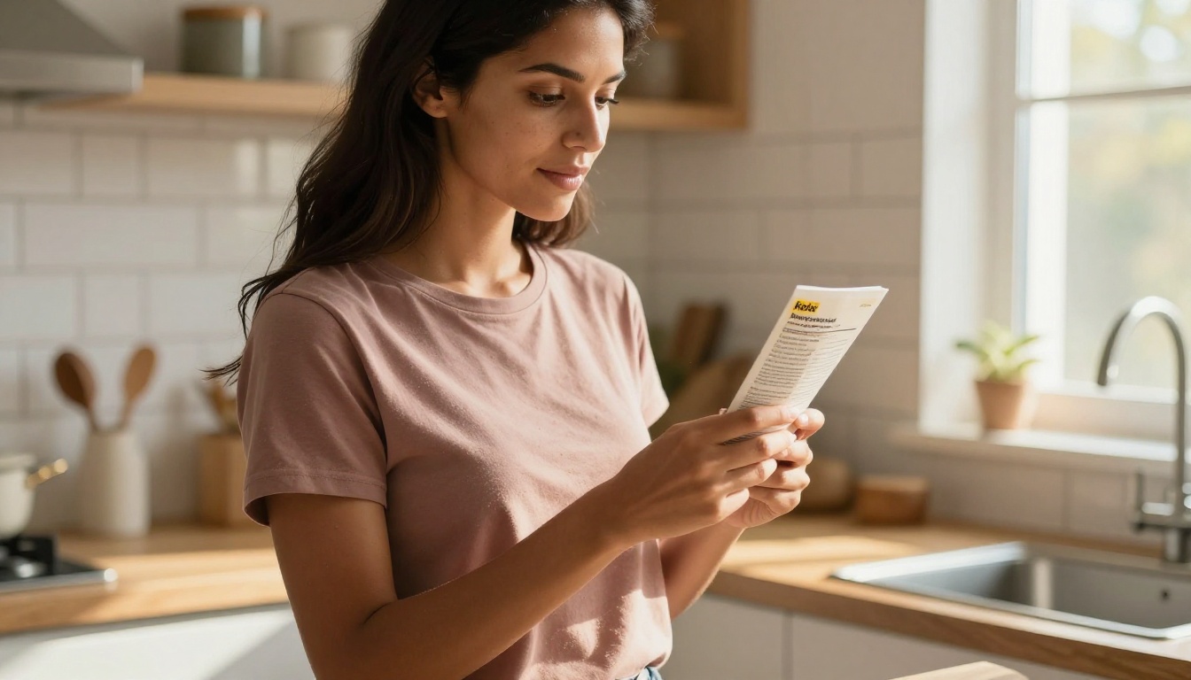 Woman in bright kitchen holding product label with sharp printed text