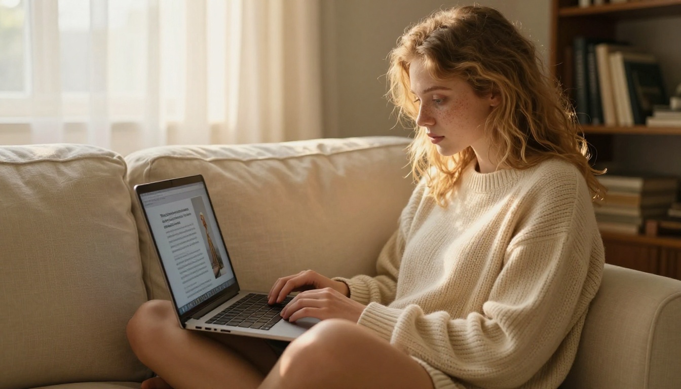 Woman on cream sofa with laptop showing AI-generated image with legible text in scene