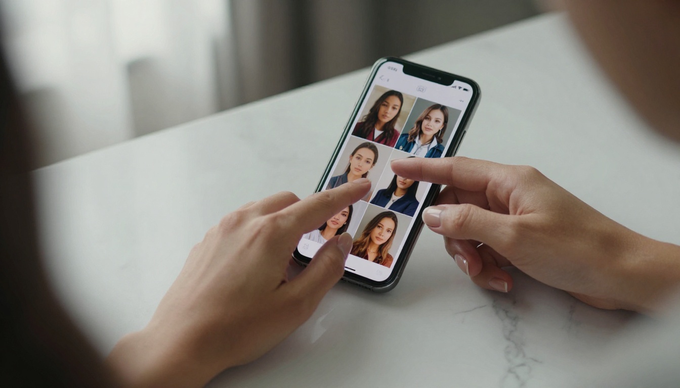 Woman's hands holding smartphone browsing reference photos on marble countertop