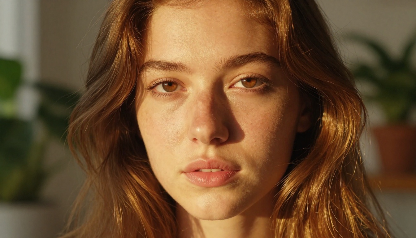 Close-up portrait of woman with natural skin and golden hour light through window