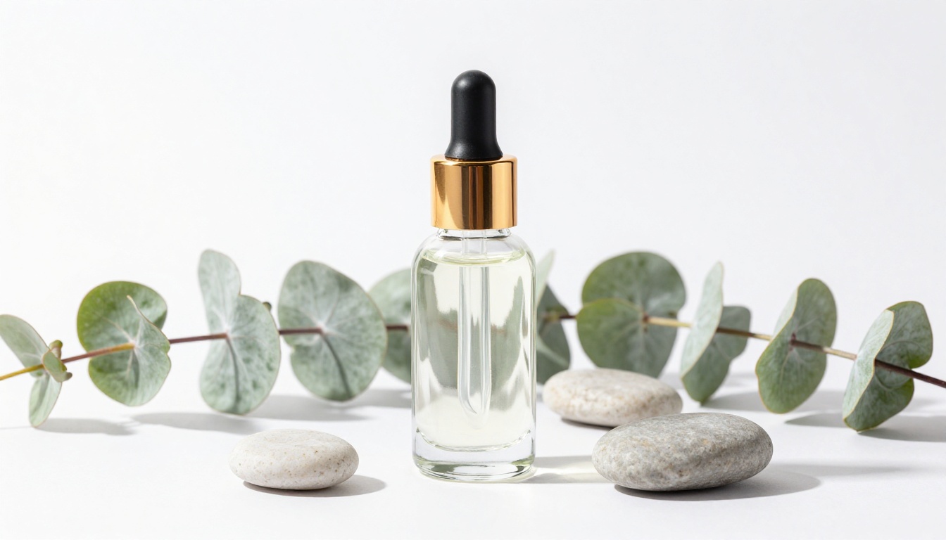 Minimalist product photography with serum bottle on white surface