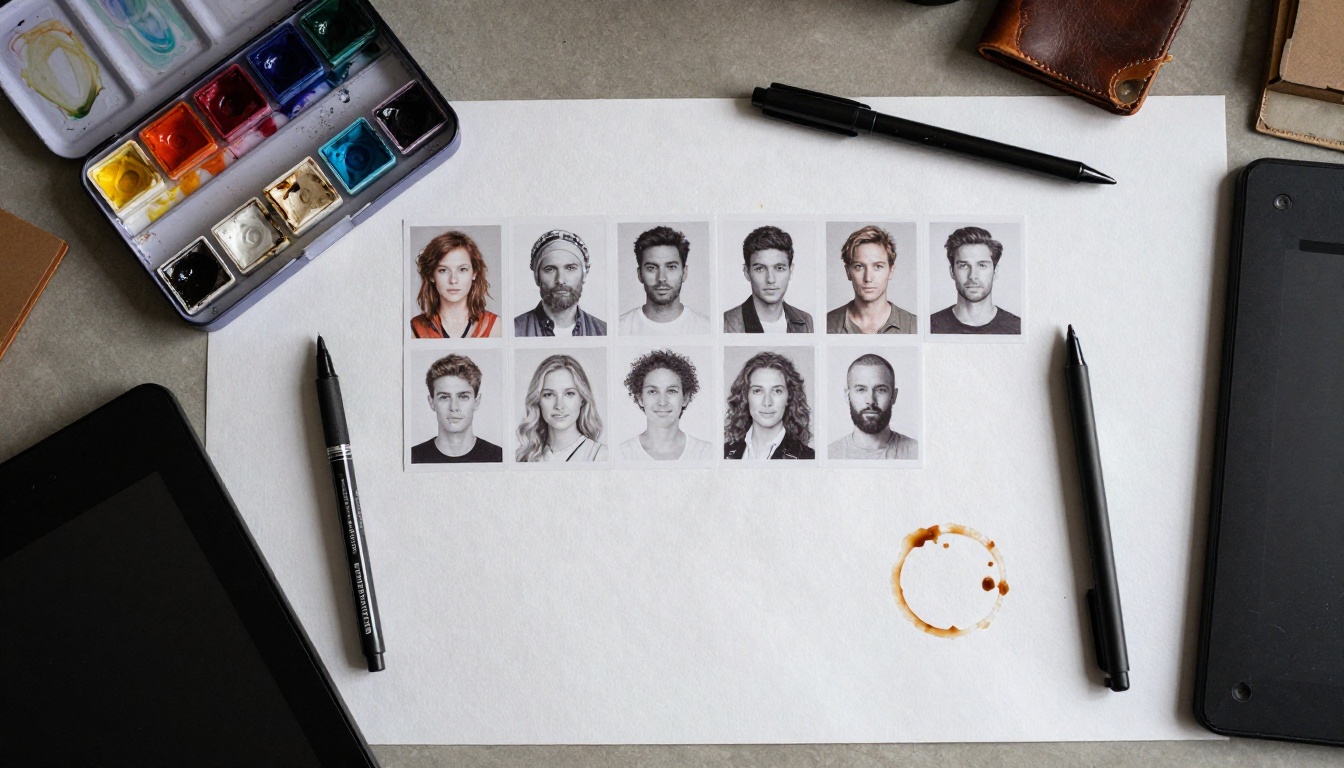 Creative flat lay workspace with watercolors, reference photos, and drawing tools