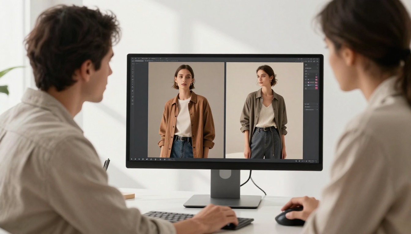 Creative professional reviewing side-by-side image variations on widescreen monitor