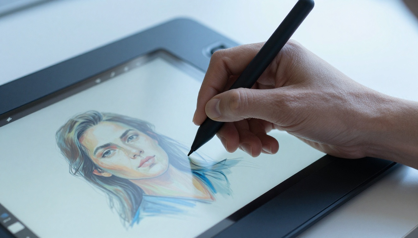 Designer's hand using stylus on drawing tablet with portrait on screen