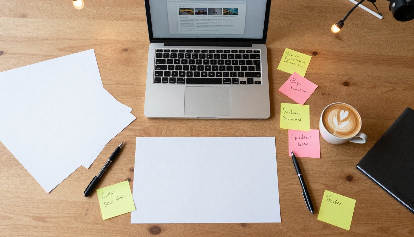 Aerial overhead view of creative agency desk with reference photos and coffee