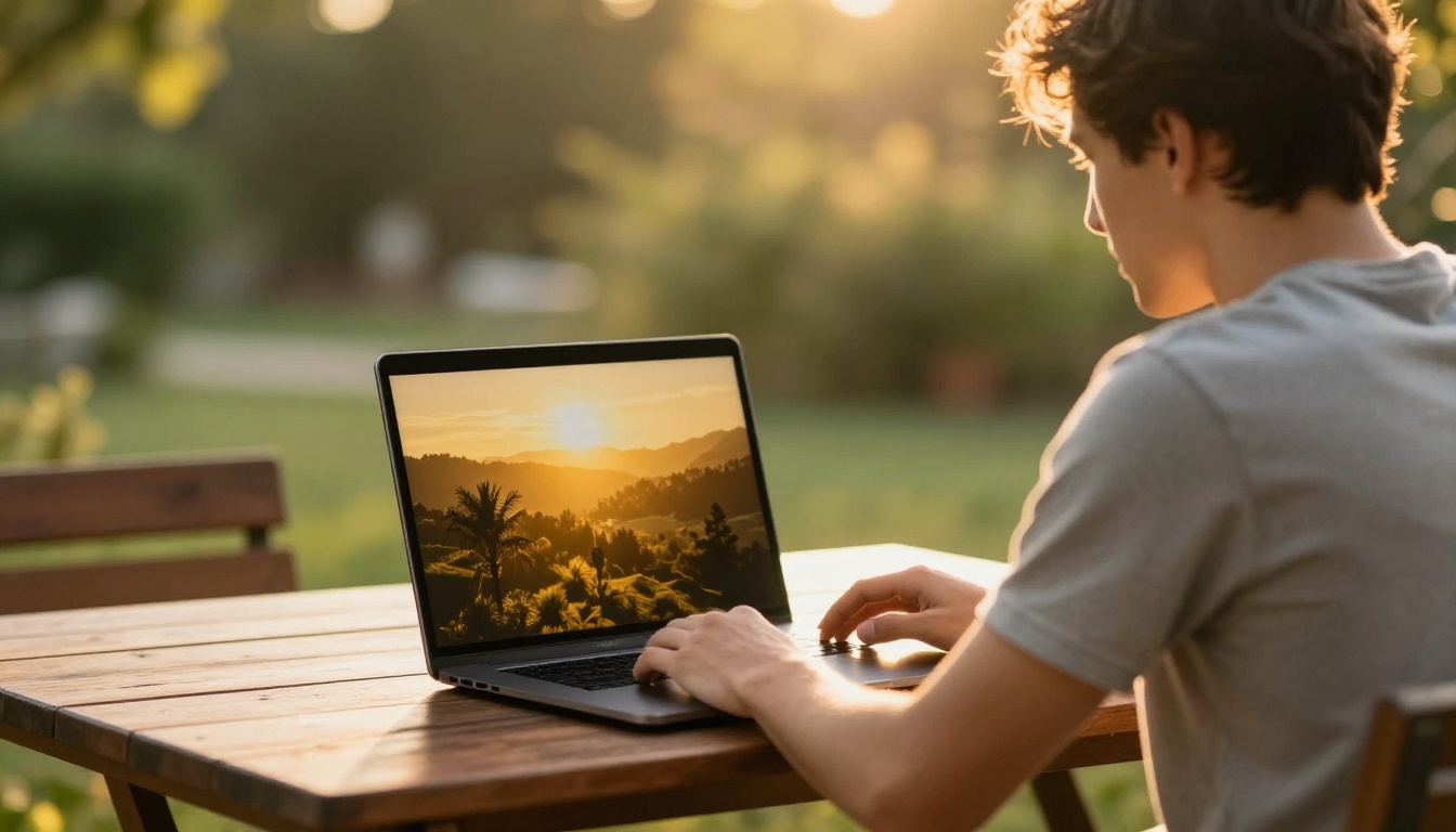 Young photographer reviewing photos on laptop at outdoor terrace in golden hour