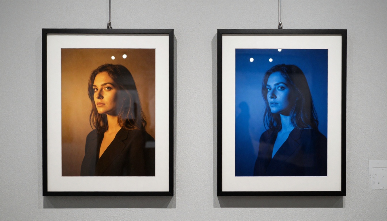 Four framed portrait prints with different lighting displayed on gallery wall