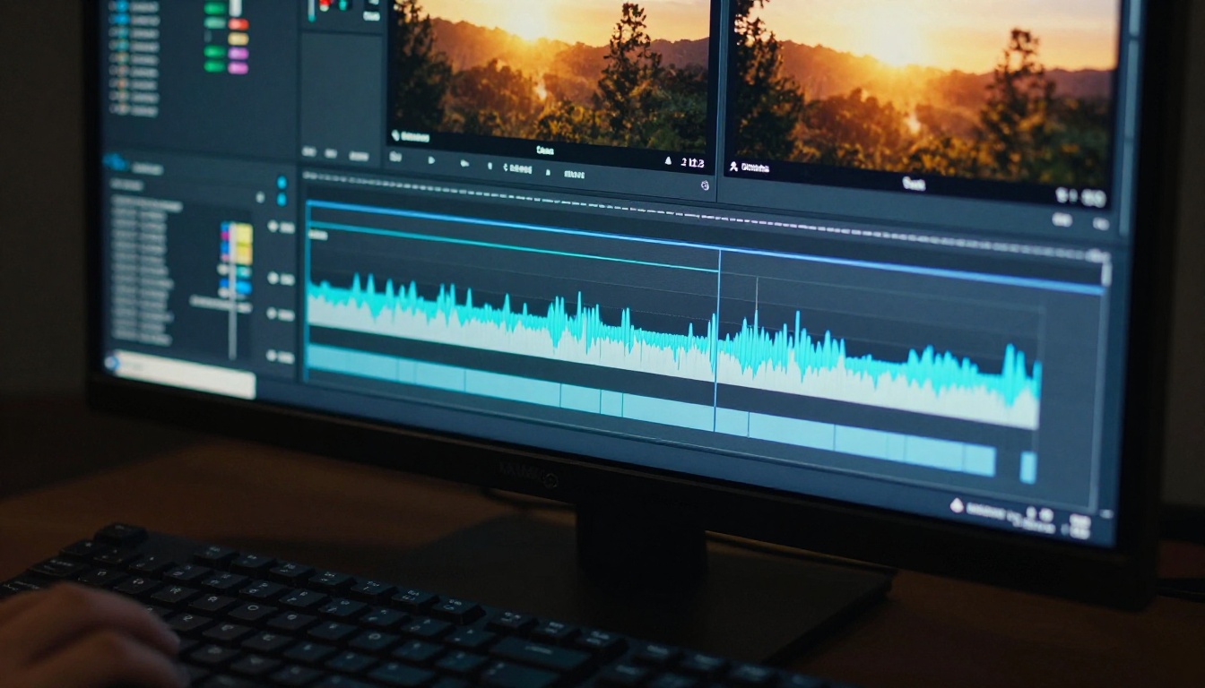 Professional video editing timeline on a 4K monitor displaying cinematic footage with color grading panels