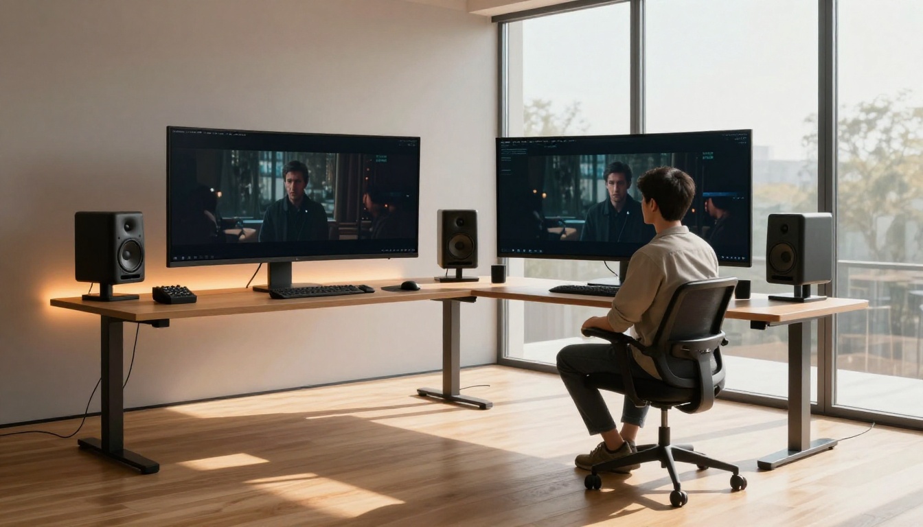Minimalist modern creative workspace with dual ultra-wide monitors displaying cinematic footage