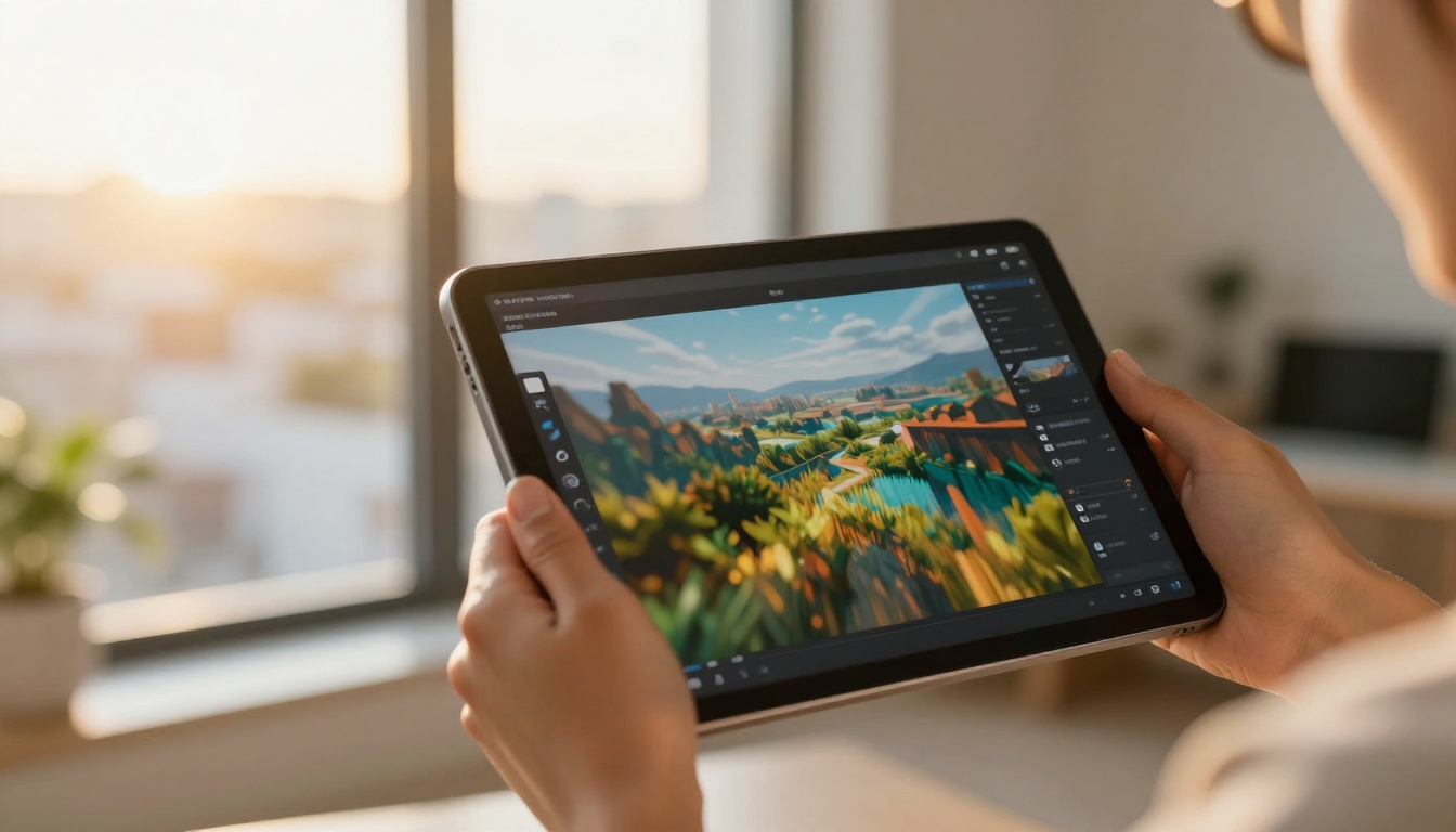 Woman's hands holding a tablet displaying vivid AI-generated video footage near a sunlit window
