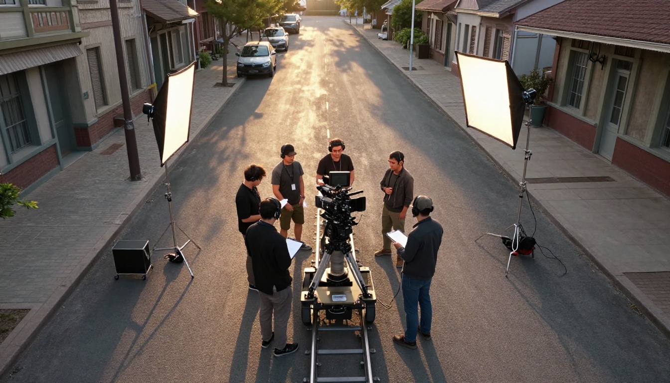 Aerial drone shot of a professional film crew working on a city street set during golden hour