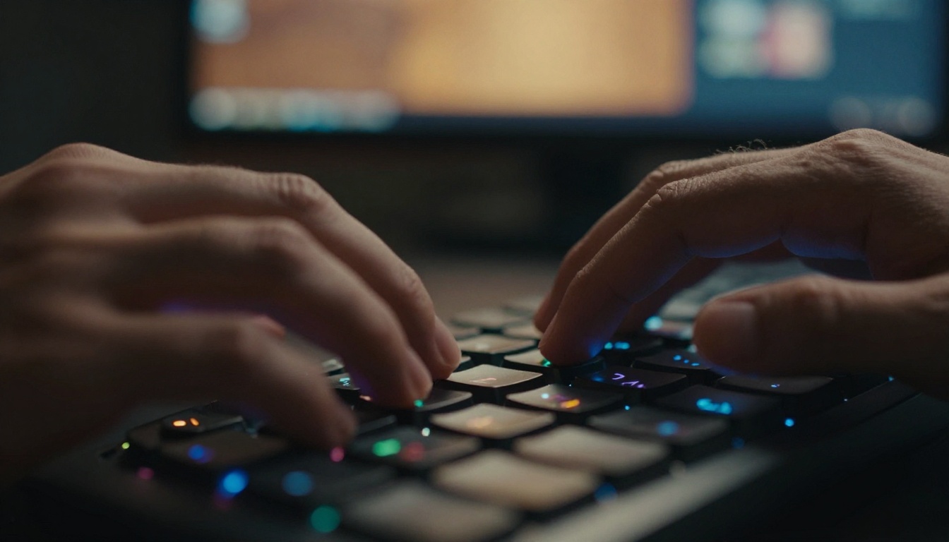Extreme close-up of fingers typing on a mechanical keyboard with colorful video frame reflections in the keys
