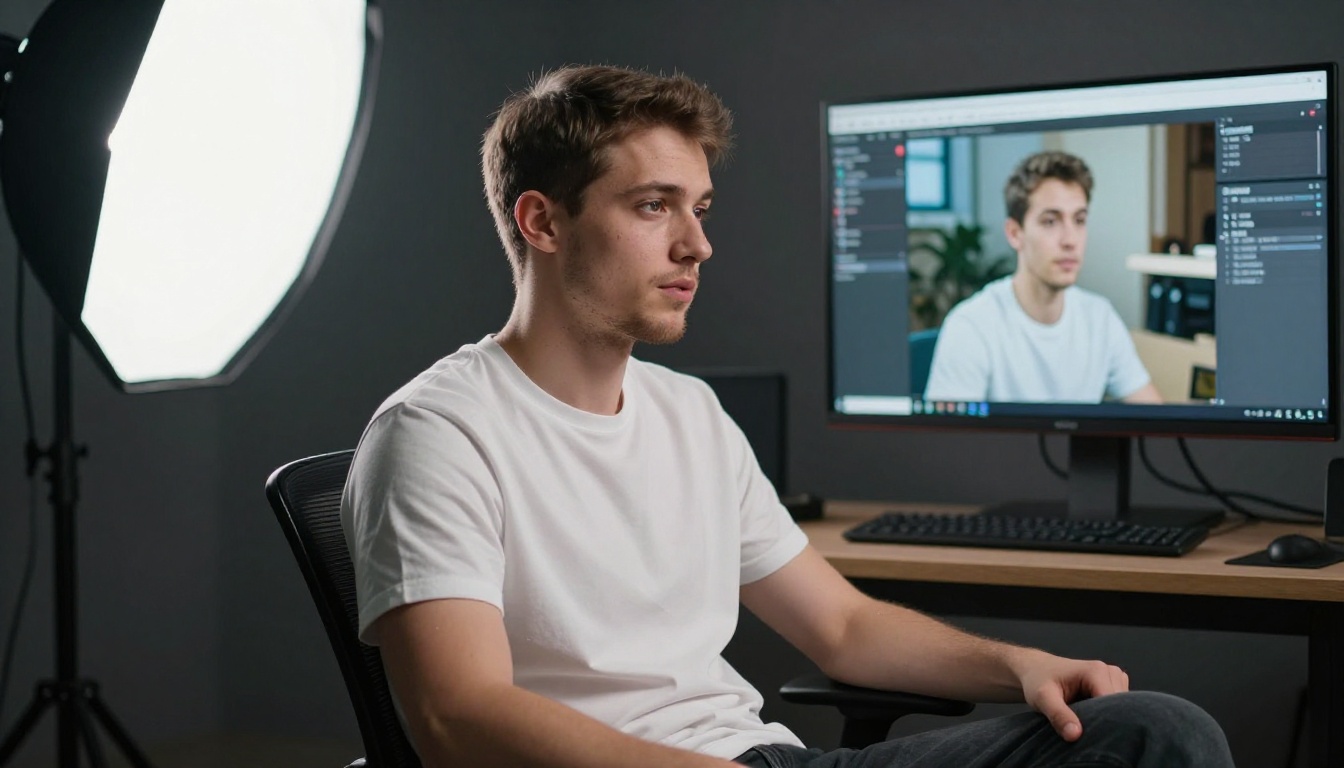 Young male creative director reviewing side-by-side video comparisons on a large reference monitor