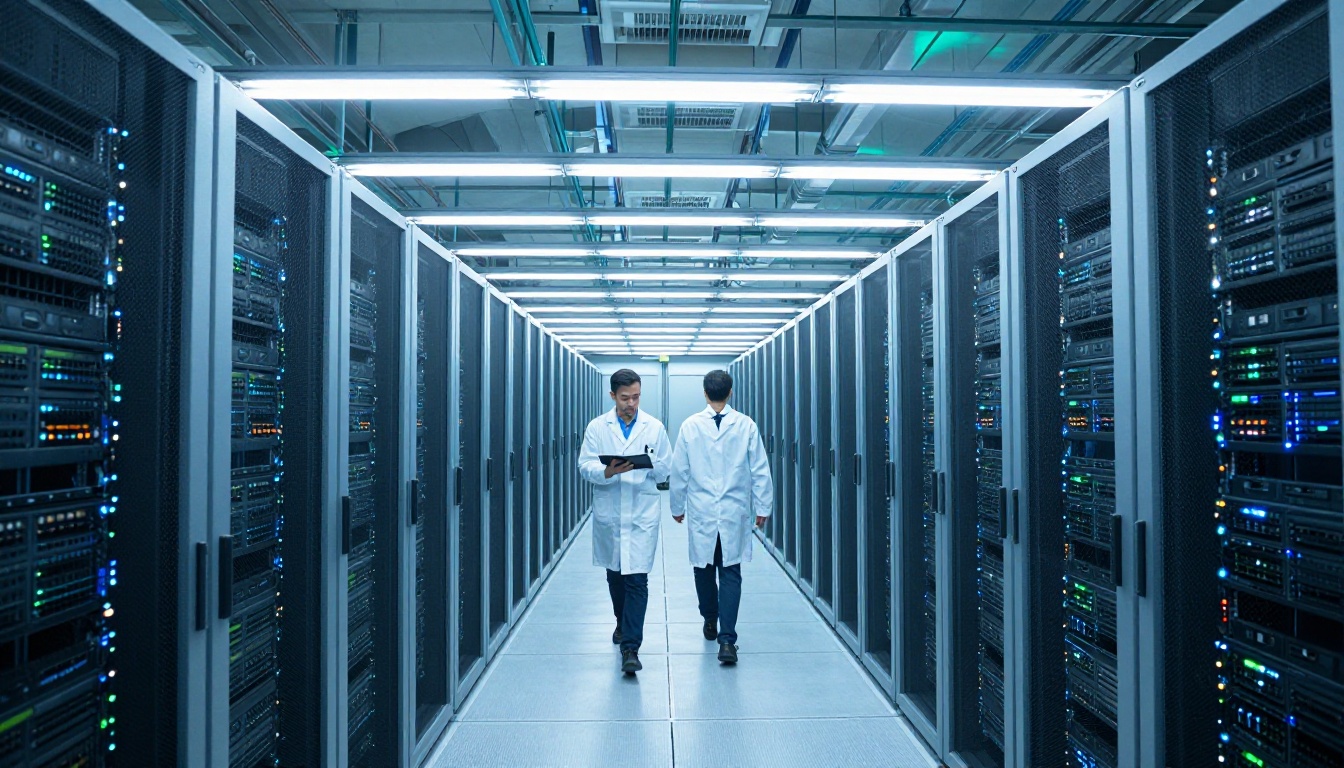 Wide-angle interior shot of a modern data center with rows of illuminated server racks and two technicians