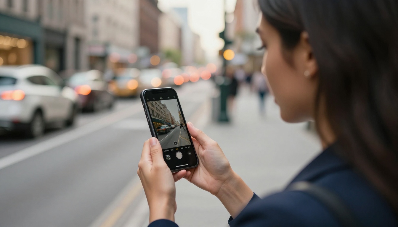 Woman on a busy city sidewalk watching high-quality video playback on a smartphone, face lit by screen glow