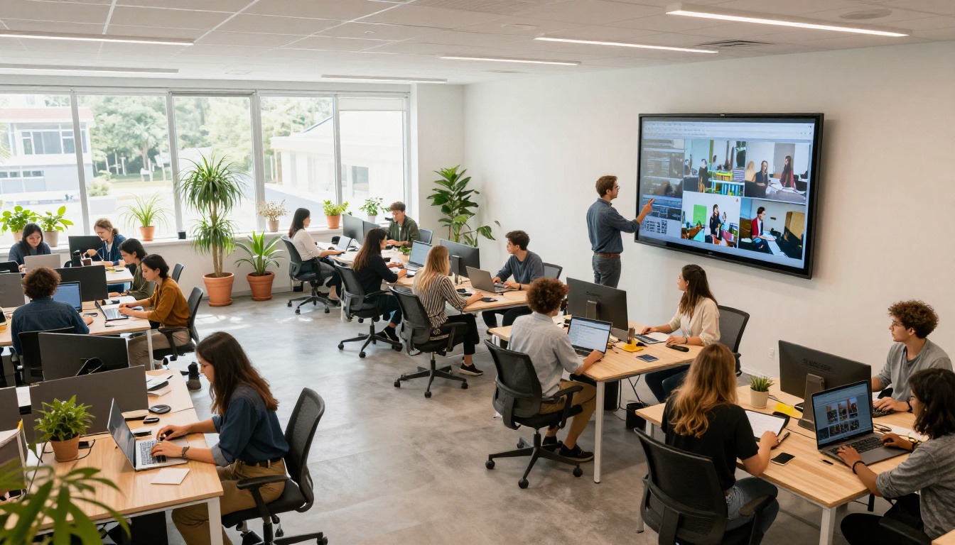 Aerial overhead view of a creative agency open-plan office with professionals collaborating at workstations