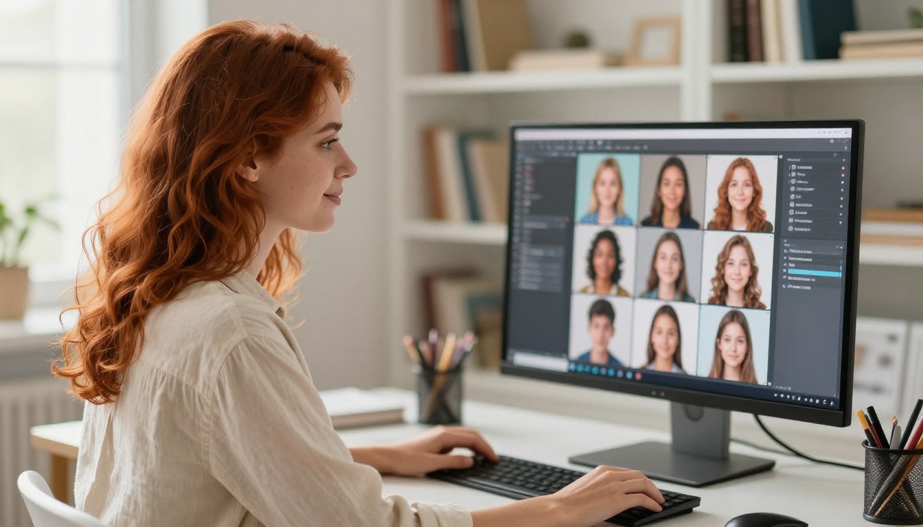 Woman reviewing AI-generated images on monitor