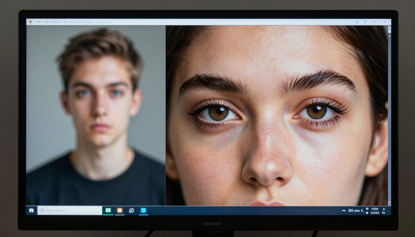 Before and after AI image enhancement comparison on monitor