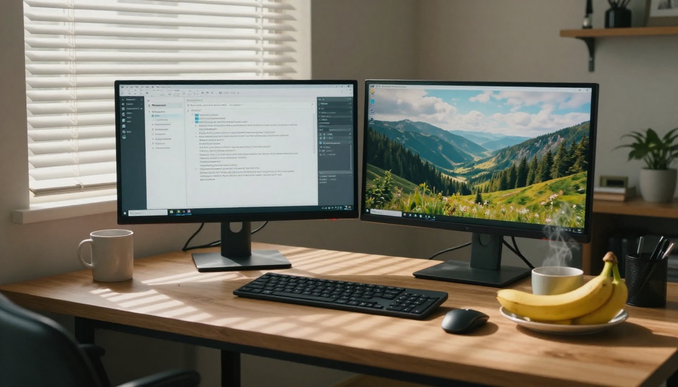 Dual monitor home office with text-to-image interface