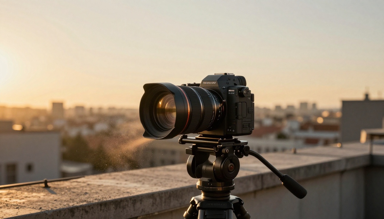 A professional cinema camera on a rooftop terrace at golden hour