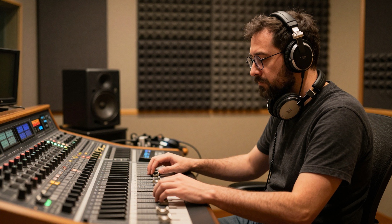A professional sound recording engineer at a mixing console in a recording booth