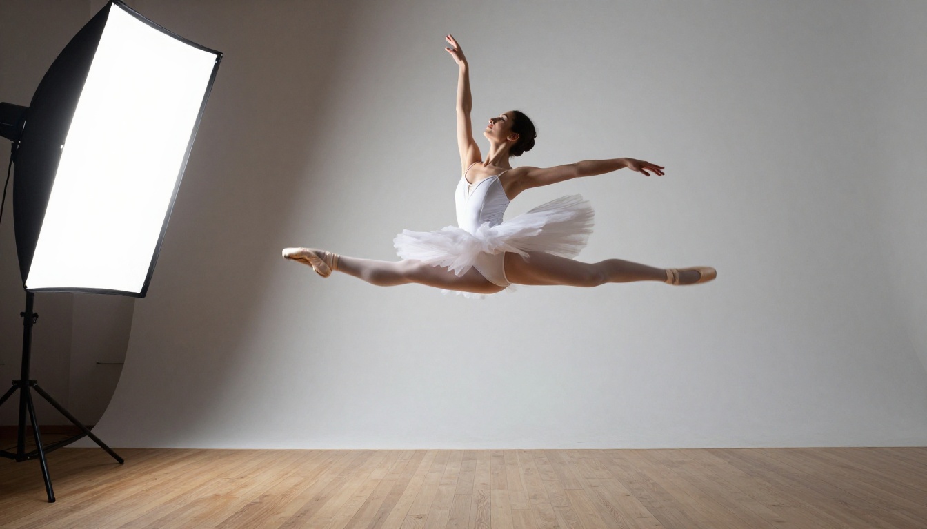 A ballet dancer mid-leap inside a photography studio captured with dramatic side lighting