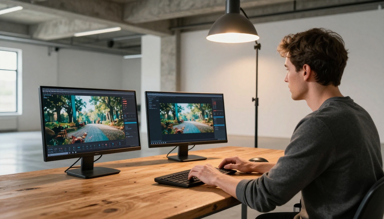 A video producer comparing screens side by side in a studio