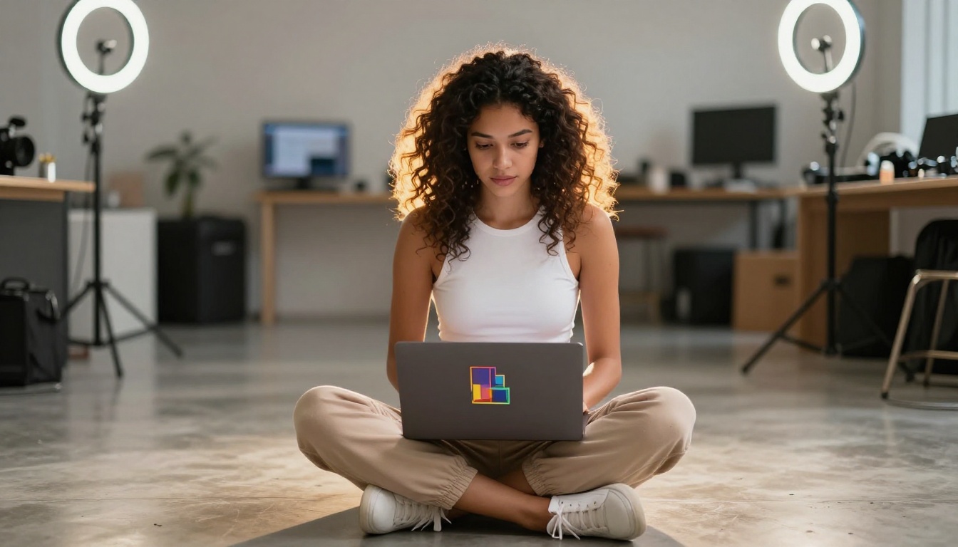 A young content creator sitting with a laptop surrounded by studio equipment