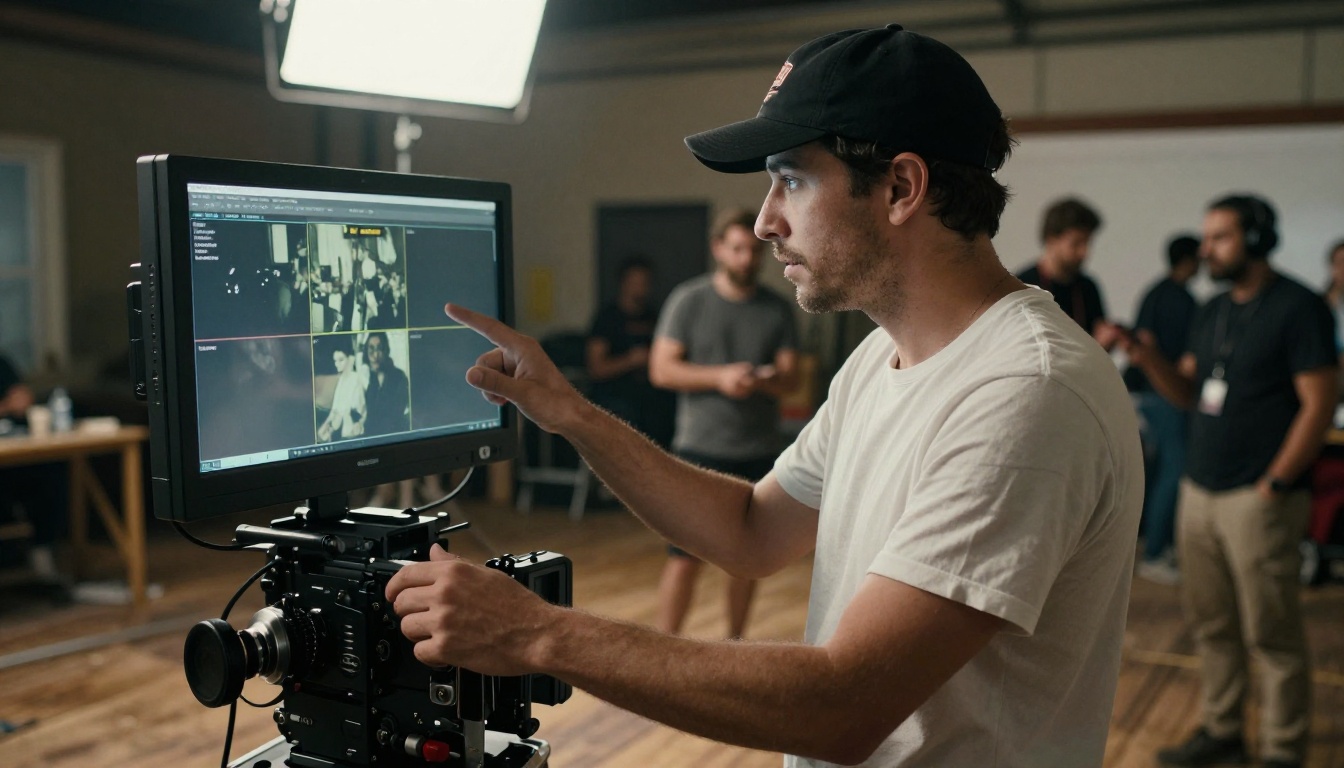A film director in a cap reviewing footage on set with crew in background