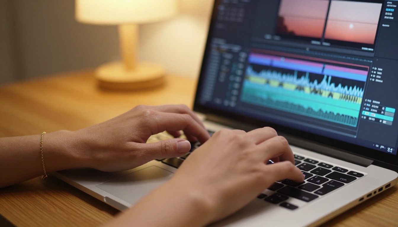 Close-up of hands typing on a laptop with a video editing timeline visible on screen