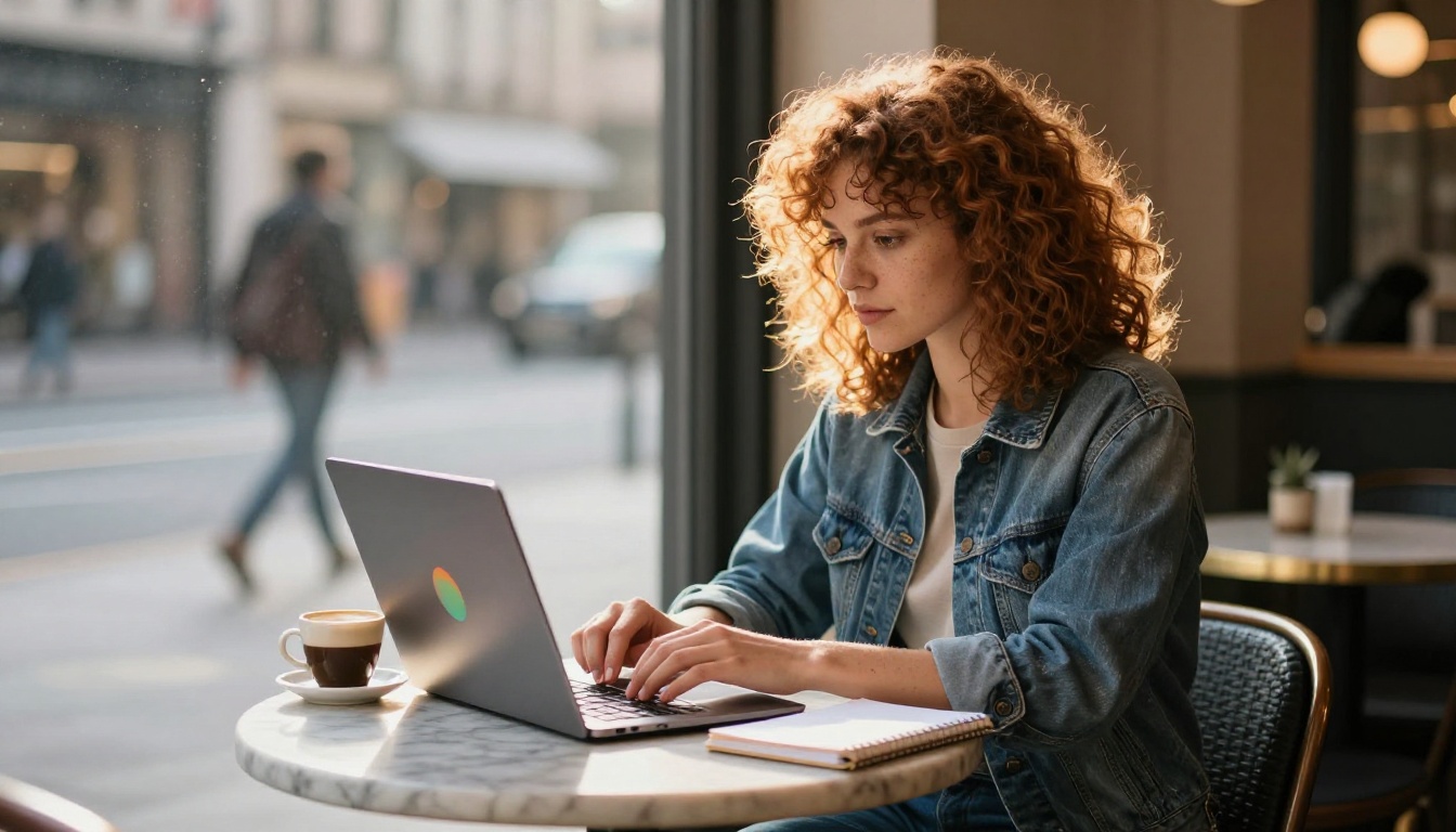 A creative professional with auburn hair working at a cafe window with a laptop and coffee