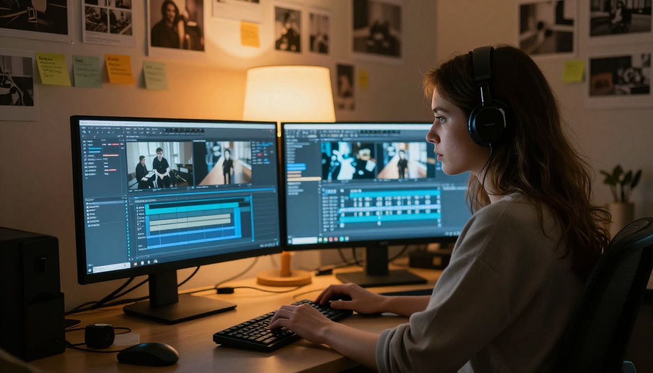 A professional video editor focused on her dual-monitor workstation, illuminated by the glow of video timeline software