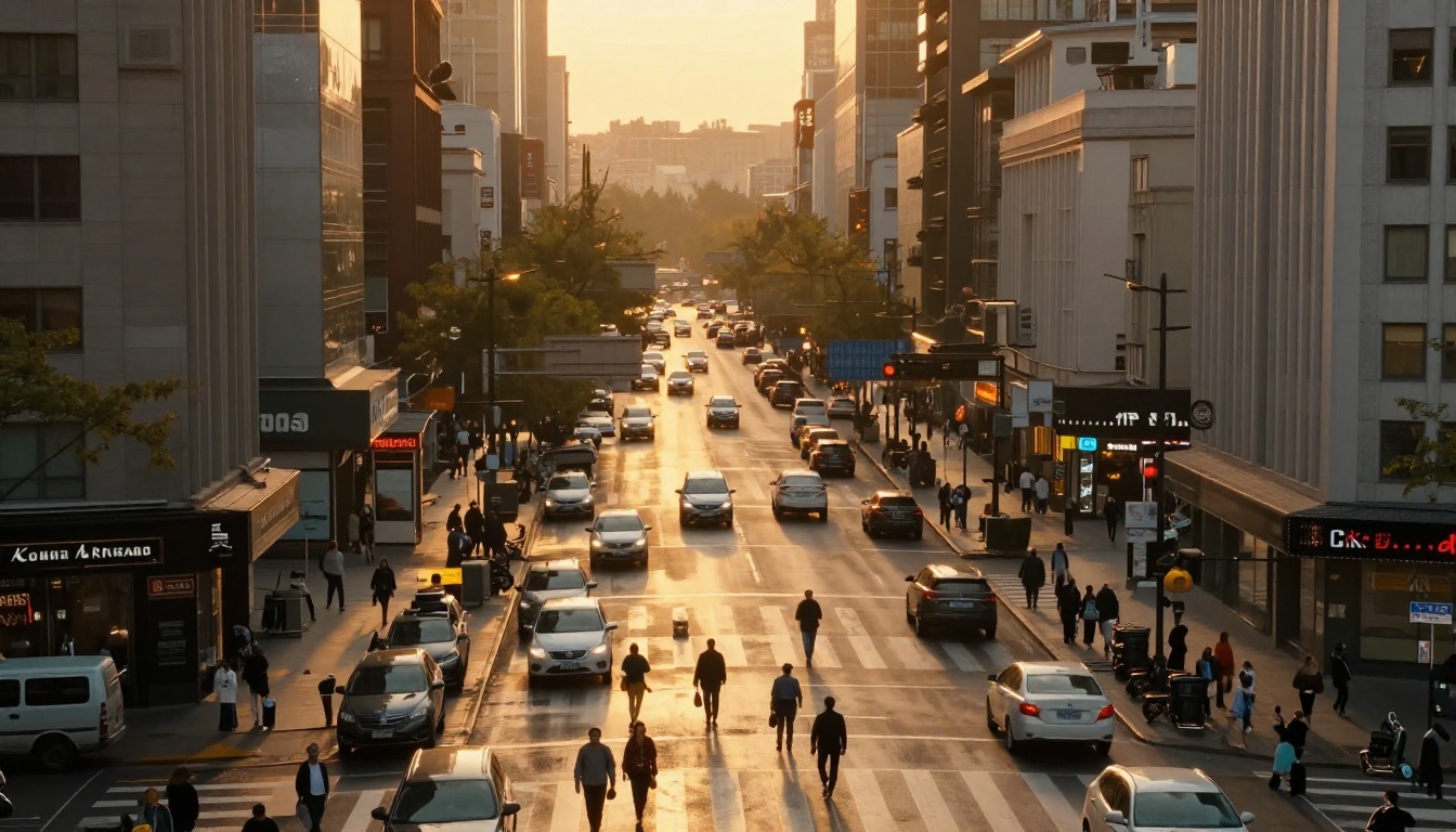 Aerial view of a busy city intersection at golden hour, vehicles and pedestrians creating motion trails on reflective wet asphalt