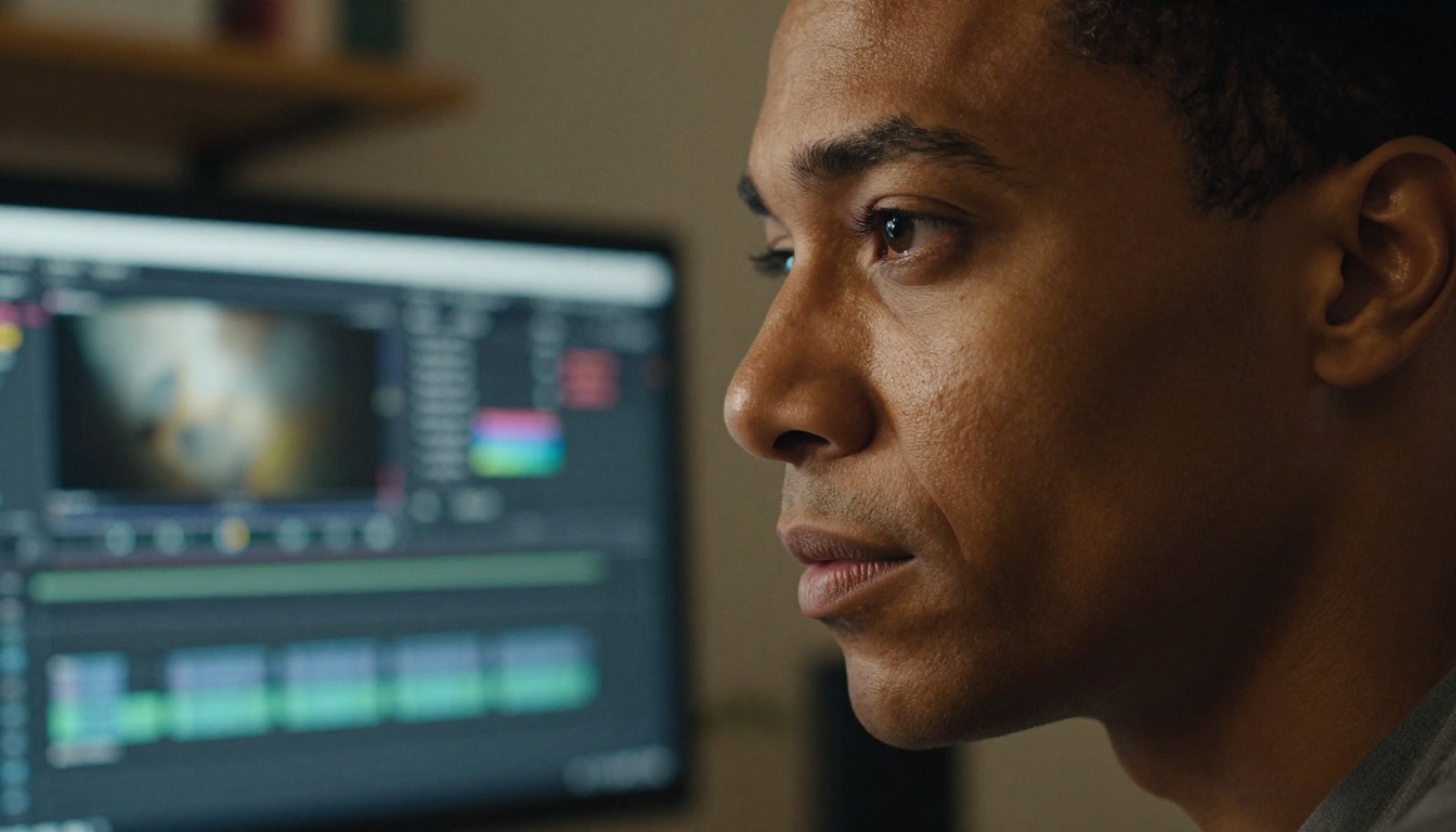 Close-up portrait of a video editor, warm split-lighting revealing skin texture and a video timeline reflected in their eye