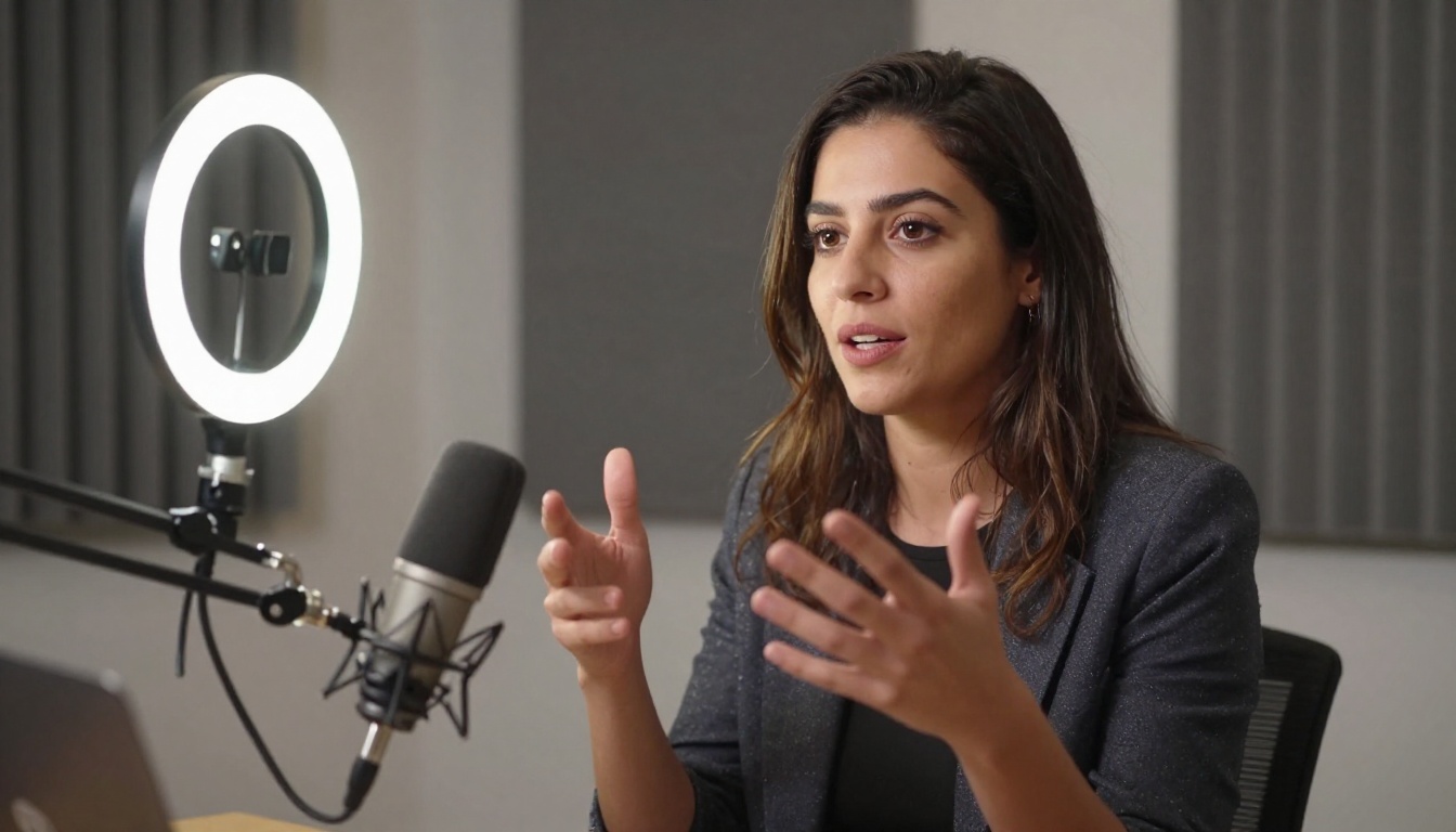 A woman in a professional podcast studio speaking naturally, warm ring-light catchlights in her eyes, microphone boom arm visible